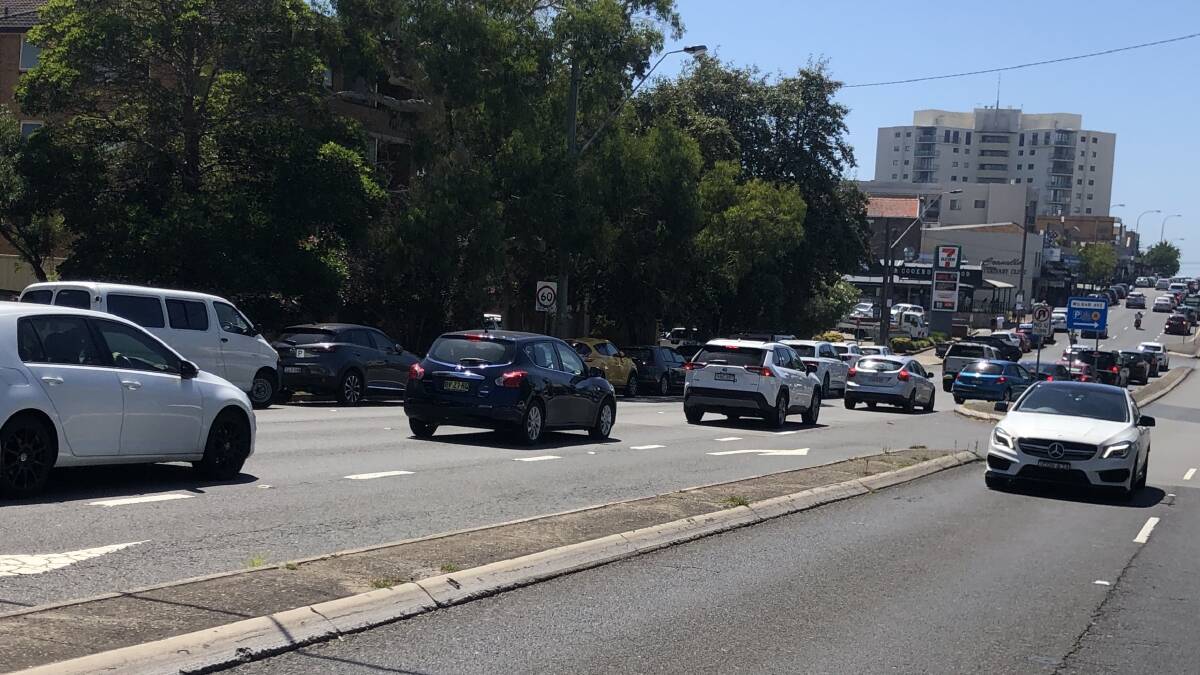 Traffic chaos: A long line of traffic had queued along the Kingsway on approach to Cronulla by 11am yesterday.
