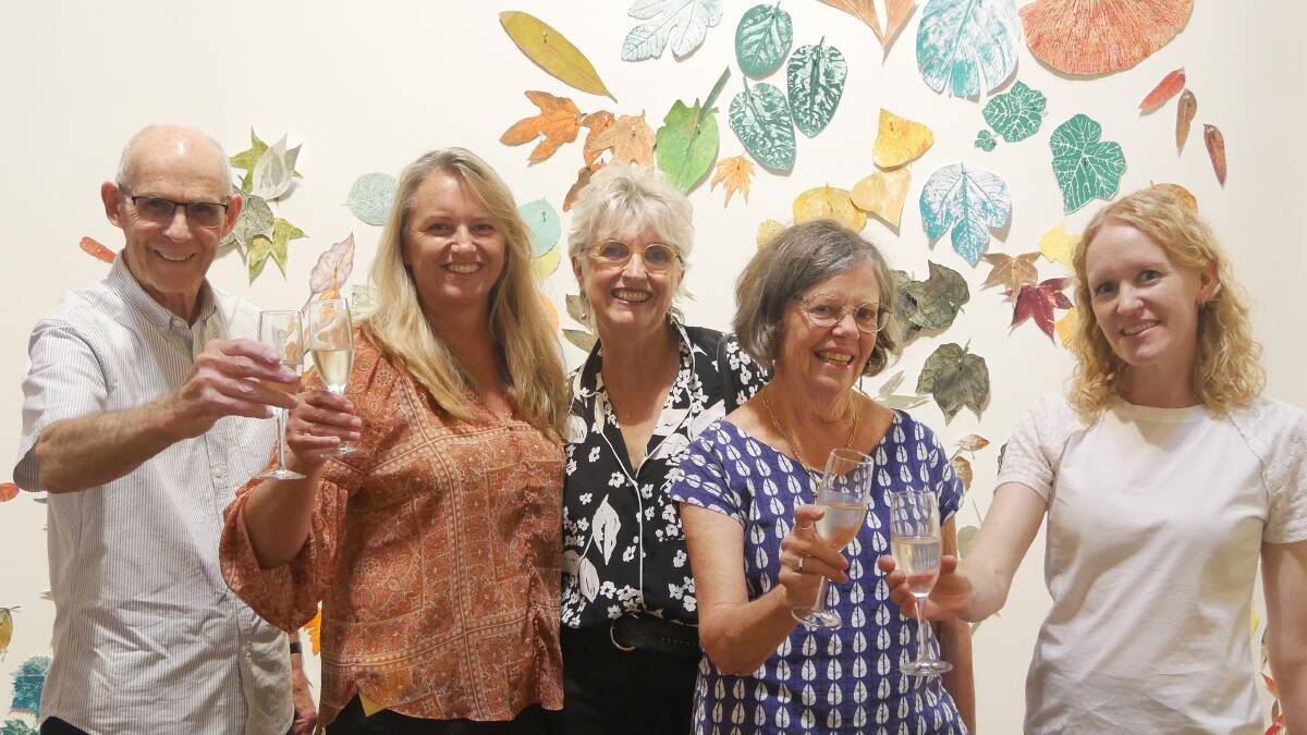 Cheers to that: Artists Max Samways, Naomi Woodlands, Christian Druitt-Preston, Lorraine Avery and Nicole Low celebrate the first official opening of an exhibition at Hazelhurst Arts Centre since before COVID-19. Picture: Supplied