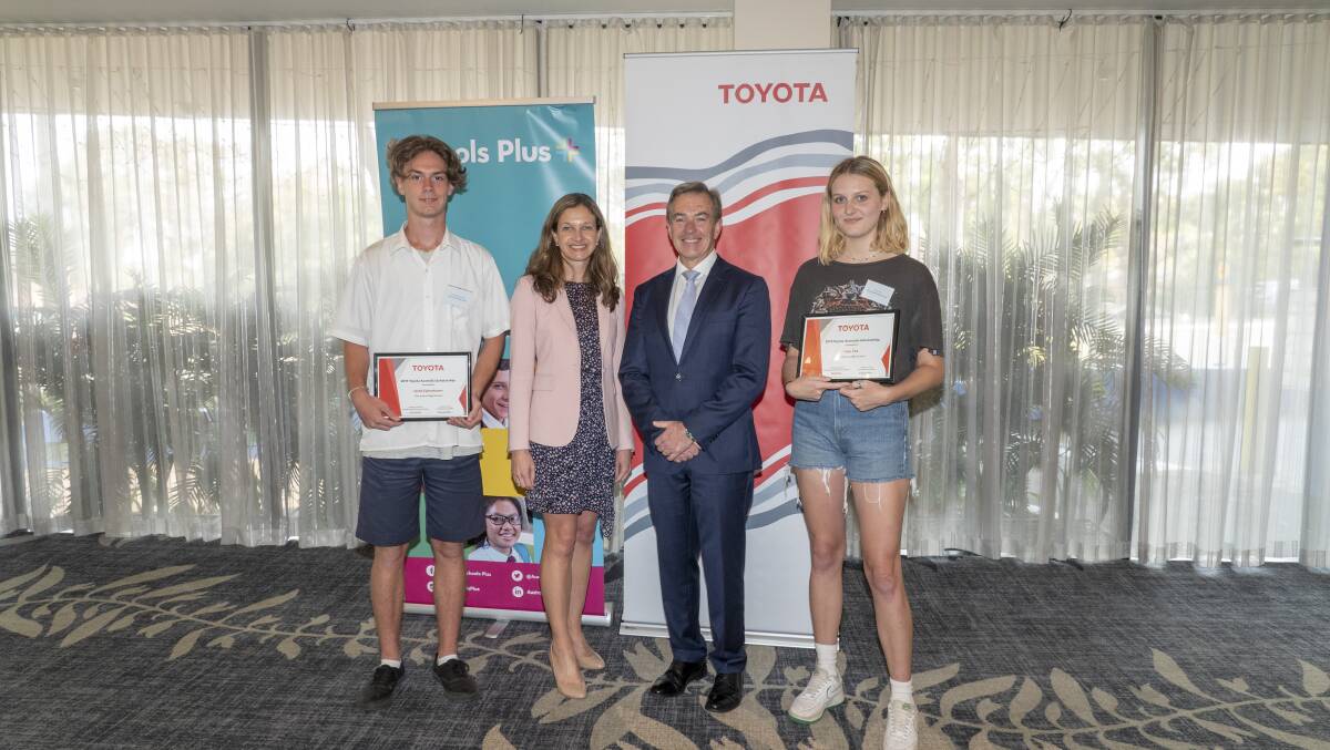 Education investment: Toyota Australia president and chief executive Matthew Callachor and Schools Plus chief executive Rosemary Conn with 2020 scholarship recipients Jacob Eykenboom and Lucy Cox from The Jannali High School.