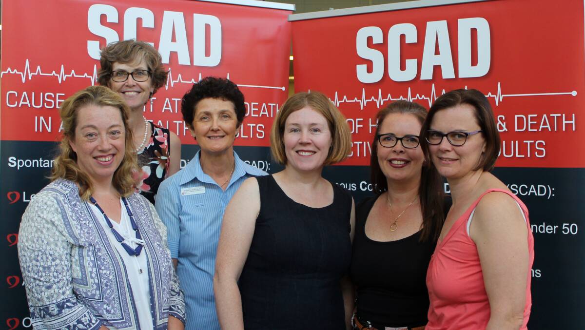 Raising awareness: SCAD heart attack survivor Amanda Enderby, Dr Siiri Lismaa of the Victor Chang Cardiac Research Institute, Wendy Mullooly, and SCAD heart attack survivors Sarah Ford, Sharon Kelly and Amanda Donaldson at the SCAD resource launch. 