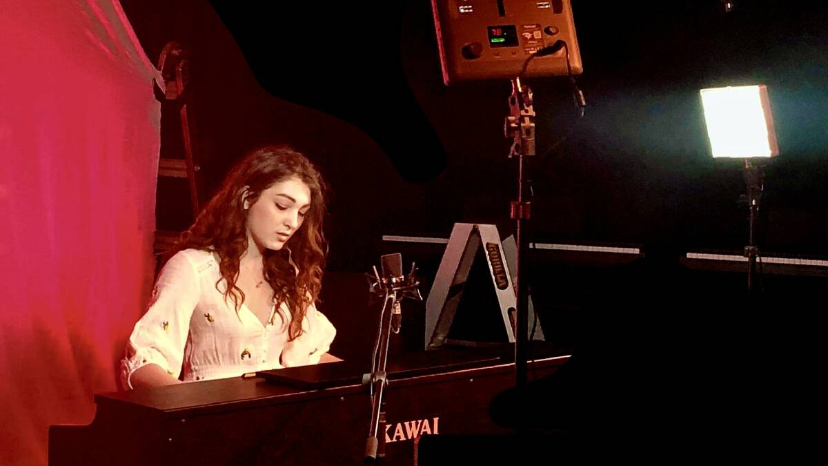 Life is a cabaret: Emilie Lawson records her piece for In Pieces - A Virtual Cabaret. She was set to star as Carole King in the society's production of Beautiful - The Carole King Musical before COVID hit. Picture: Supplied
