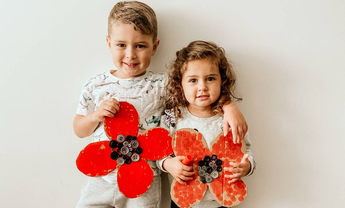 Lest we forget: Noah and Charlotte Gergis with Anzac craft they made. Picture: Supplied