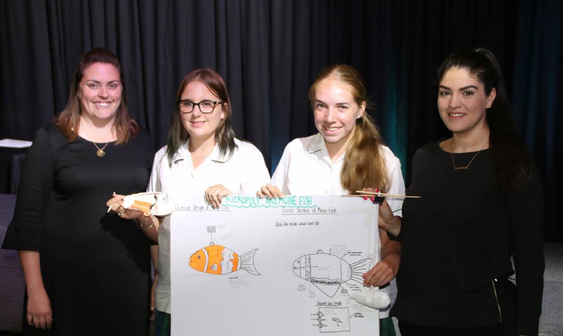 Big idea: Gymea Technology High School's head teacher - science Megan Suliman, Tahlia McLellan, Alexe Usher and science teacher Evelyn Michael with their winning idea. Picture: Supplied 