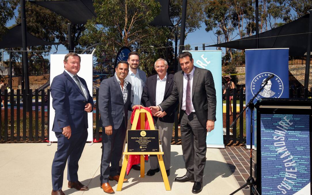 Open for business: (L to R) Councillor Kent Johns, Sutherland Shire Mayor Carmelo Pesce, Councillor Jack Boyd, Councillor Barry Collier and DEICORP managing director Fouad Deiri unveil the plaque at the official opening of the new park. Picture: Chris Lane