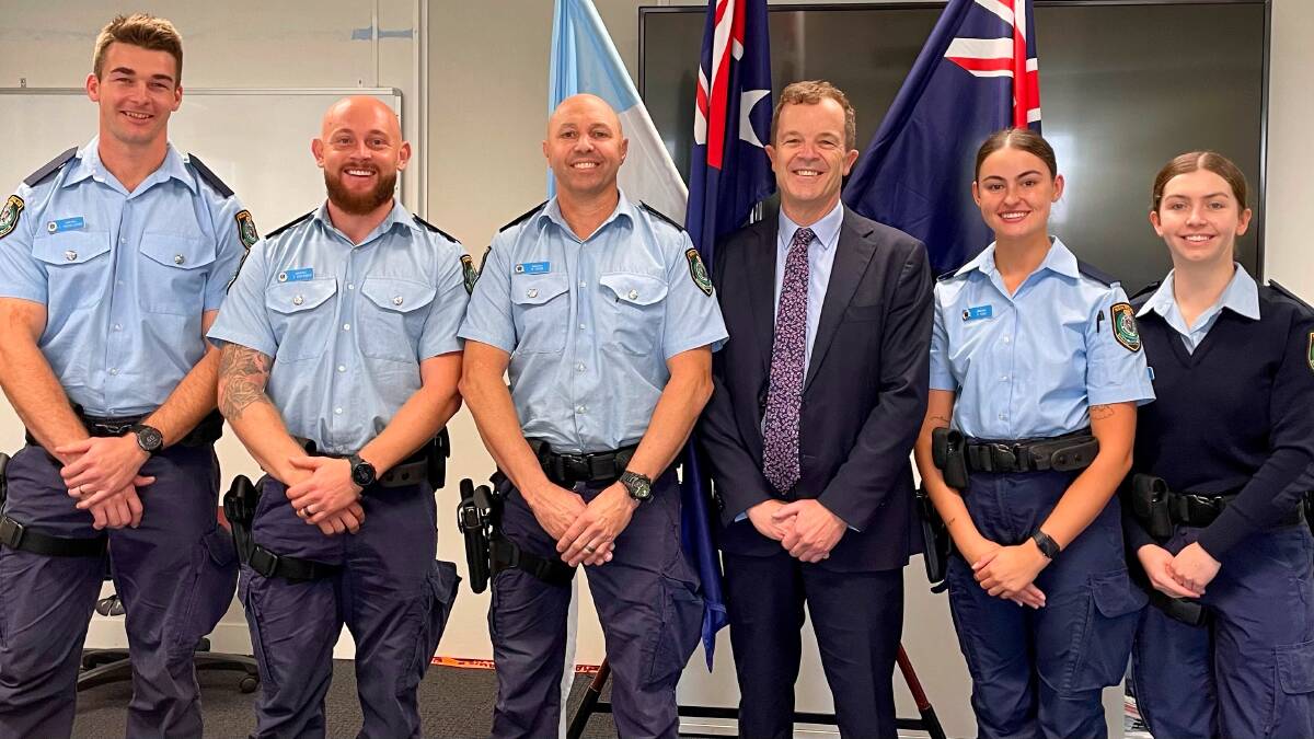 Mark Speakman with the five new probationary constables at Sutherland Police Station.