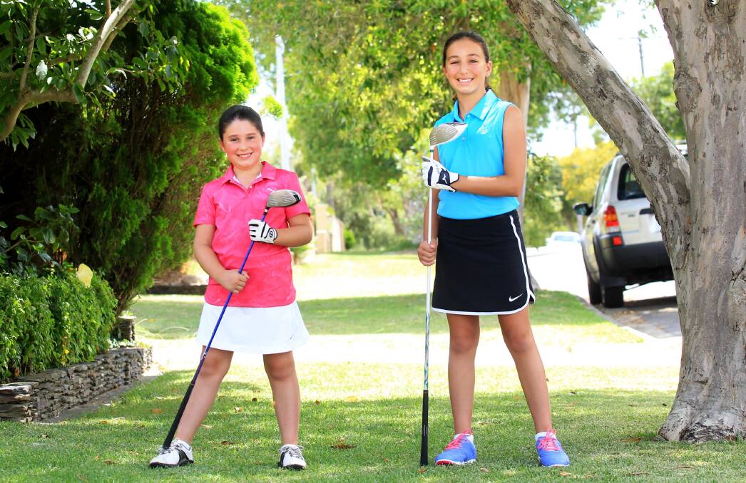 Future stars: Stella Kaloudis (left) and her sister Irene Kaloudis,10, from Beverly Hills have been invited to play in the US Kids Golf Australian Open. Picture: Isabella Lettini