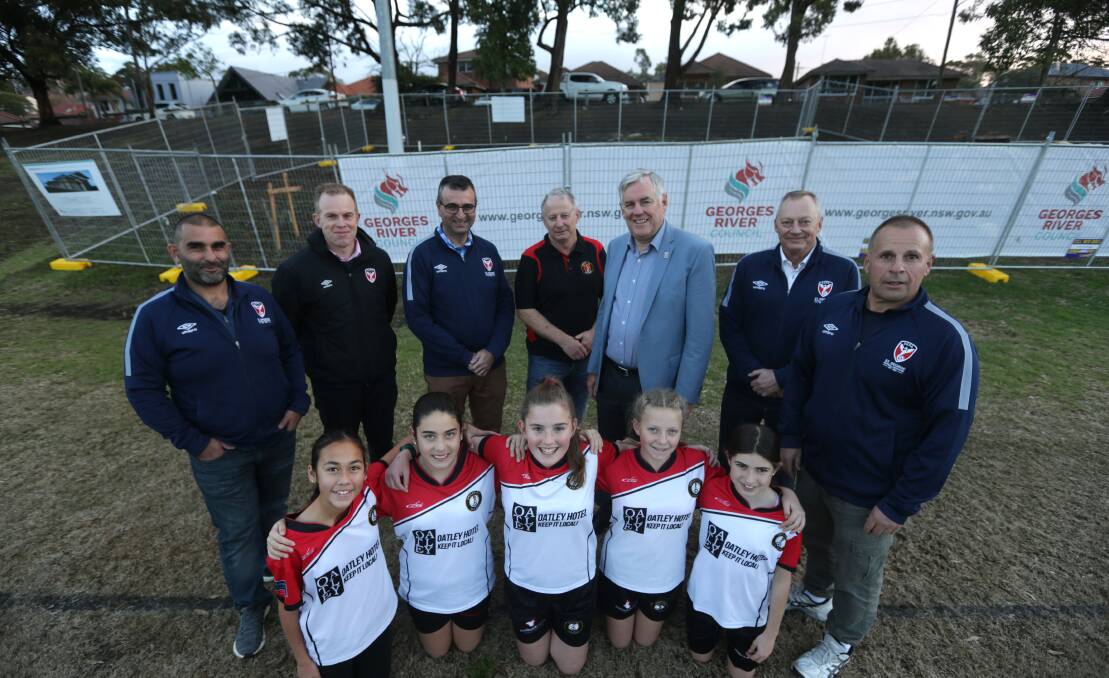 Future building: At Renown Reserve, from left, front Oatley-14s Niamh, Keely, Sorcha, Ava and Indi and standing, left from rear, Ali Jomaa, Craig Kierly, Angelo Bonura, Peter Jones, Kevin Greene, John Taylor and Tony Karahalias. Picture: John Veage