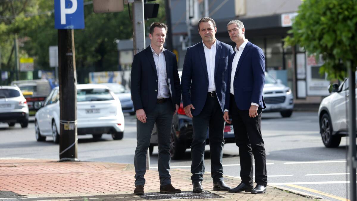 Consultation call: from left, Kogarah MP Chris Minns, Rockdale MP Steve Kamper and Shadow Roads Minister John Graham at Bexley this week. Picture: John Veage