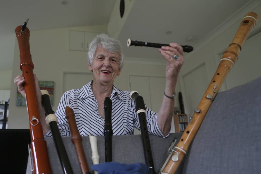Musician Dr Marguerite Foxon has collected more than 80 recorders to replace musical instruments in schools destroyed by bushfires. Picture: John Veage