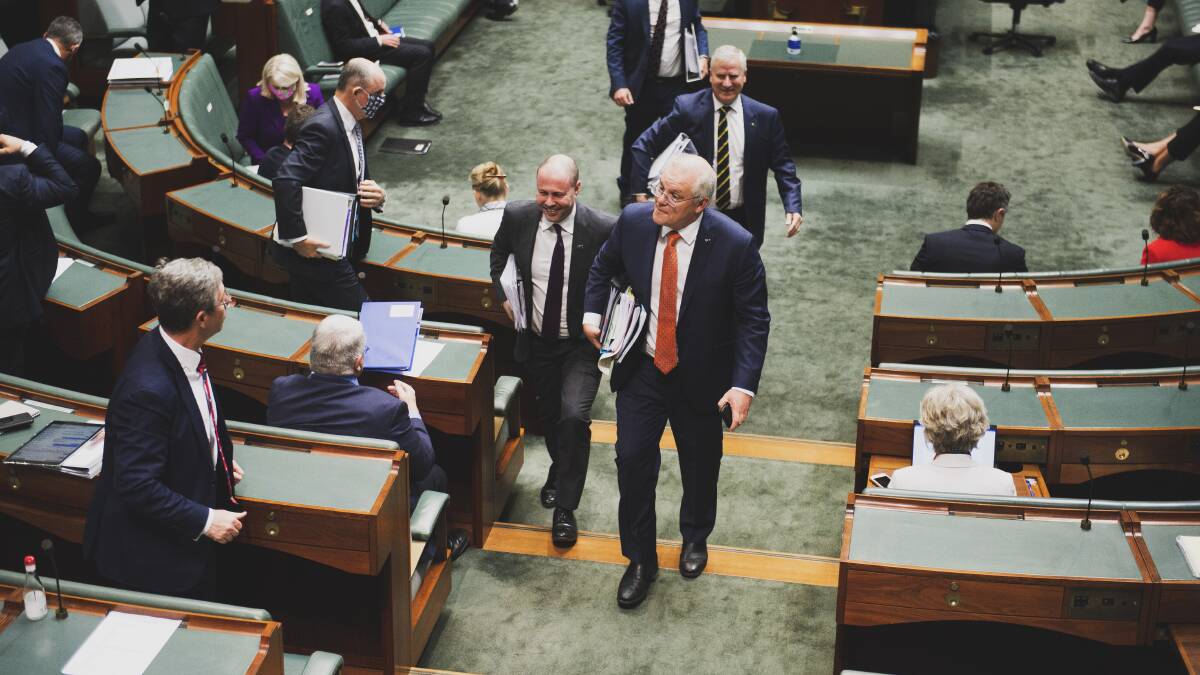 Treasurer Josh Frydenberg and Prime Minister Scott Morrison in the House of Representatives. Picture: Dion Georgopoulos