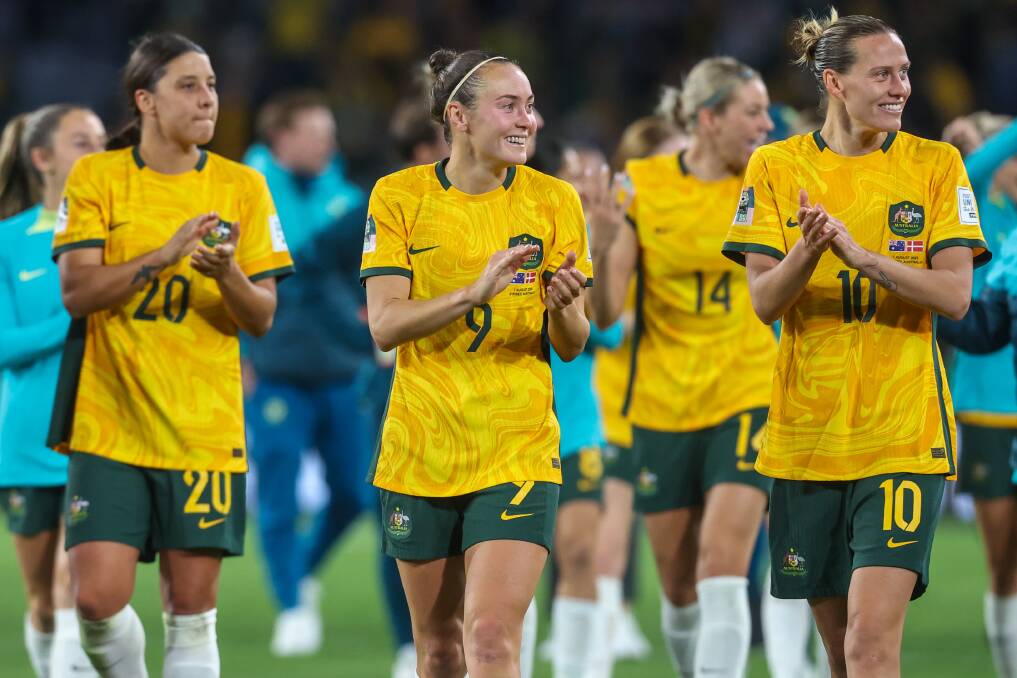 The Matildas celebrate their round of 16 World Cup win over Denmark at Stadium Australia on Monday night. Picture by Adam McLean