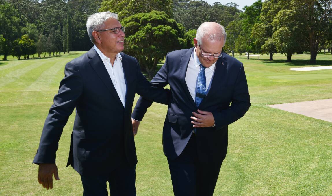 Democracy in action?: Newly minted Liberal candidate for Gilmore, Warren Mundine, with  Scott Morrison in Nowra on Wednesday after the Prime Minister announced Mr Mundine would replace preselected candidate Grant Schultz. Picture: Mick Tsikas 