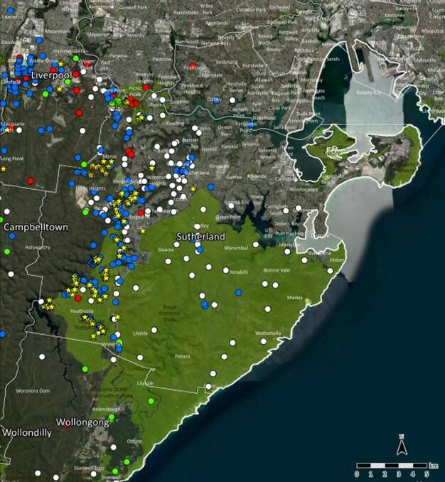 Each dot represents a recorded koala sighting. Colours indicate when the record was made, with blue dots representing the most recent sightings. Picture supplied