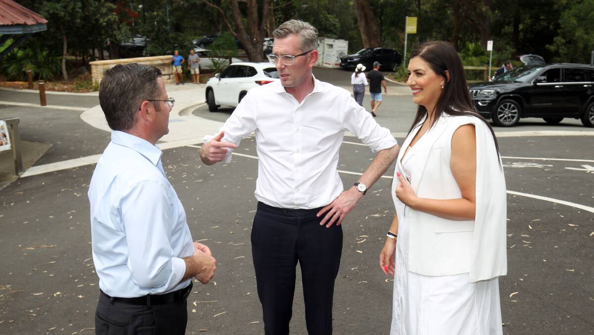 Mark Coure and Eleni Petinos with then Premier Dominic Perrottet at Como during the state election. Picture by Chris Lane