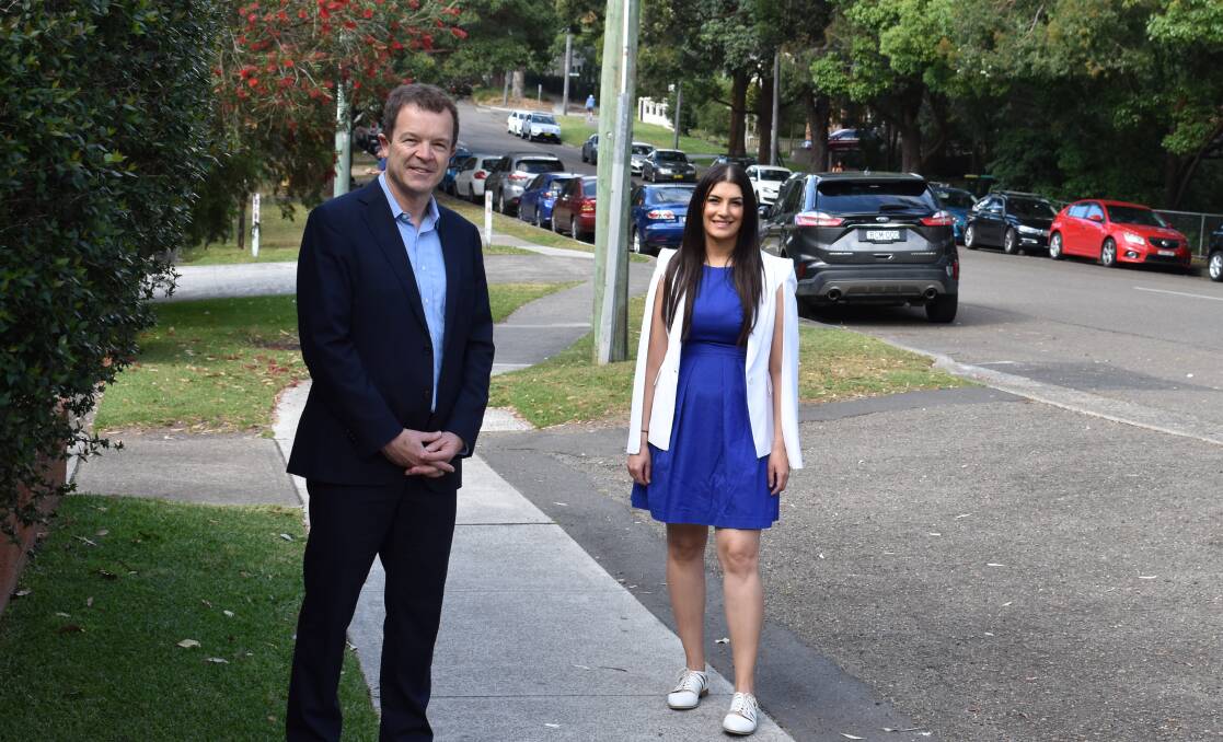 MPs Mark Speakman and Eleni Petinos on the route of one of the new shared walk-cycle paths, on the eastern side of Kiora Road, from President Avenue to Karimbla Road, Miranda. Picture: supplied