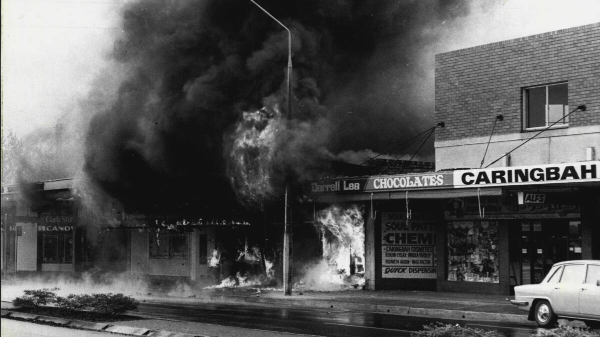 Fire in the Caringbah shopping strip in September, 1977. Picture: Fairfax Media