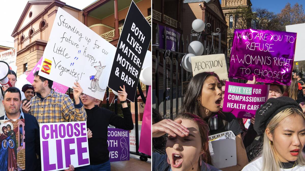 "Pro-life" and "pro-choice" demonstrators in Macquarie Street outside State Parliament. Pictures: Joel Carratt /AAP and Louise Kennerley / Sydney Morning Herald 