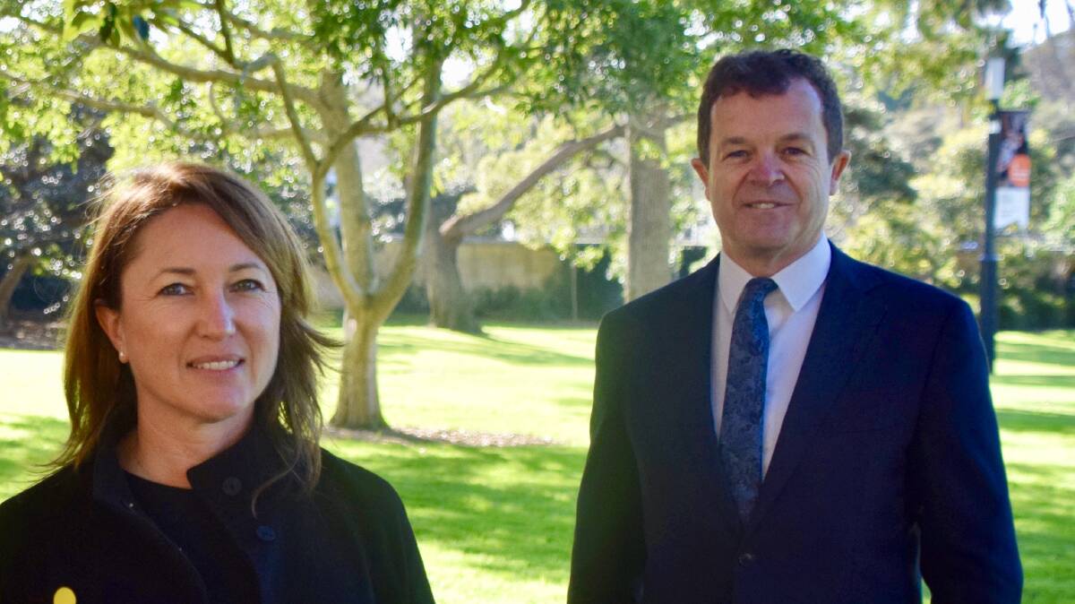 Katherine Zonta, an adoptee, with Mark Speakman at the announcement outside Parliament House on August 5. Picture: supplied