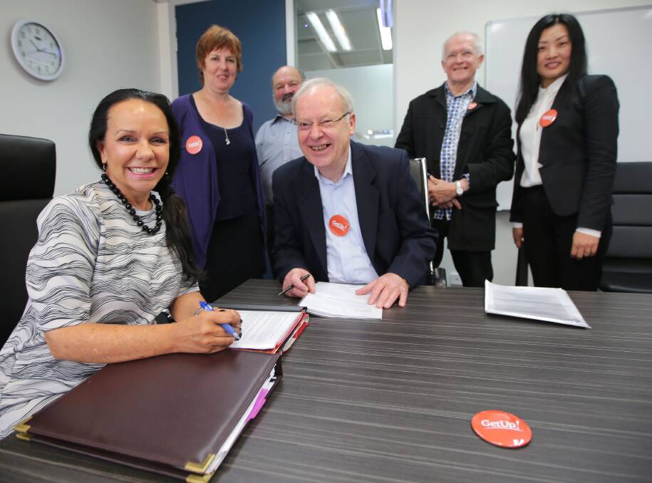 "Positive meeting": Linda Burney with GetUp members Graham Griffith, Lisa Newey, Gary Reynolds, Wil Schafhauser and Allison Tait. Picture: John Veage
