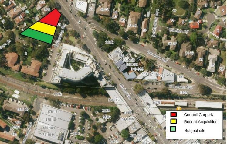 The three properties - council car park (red), recent acquisition (yellow) and proposed acquisition (green). Picture: supplied