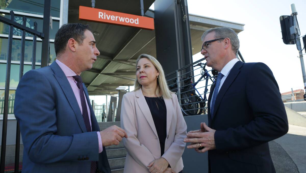 Election pledge: Jihad Dib (left), Lucy Mannering and Michael Daley at Riverwood train station. Picture: John Veage