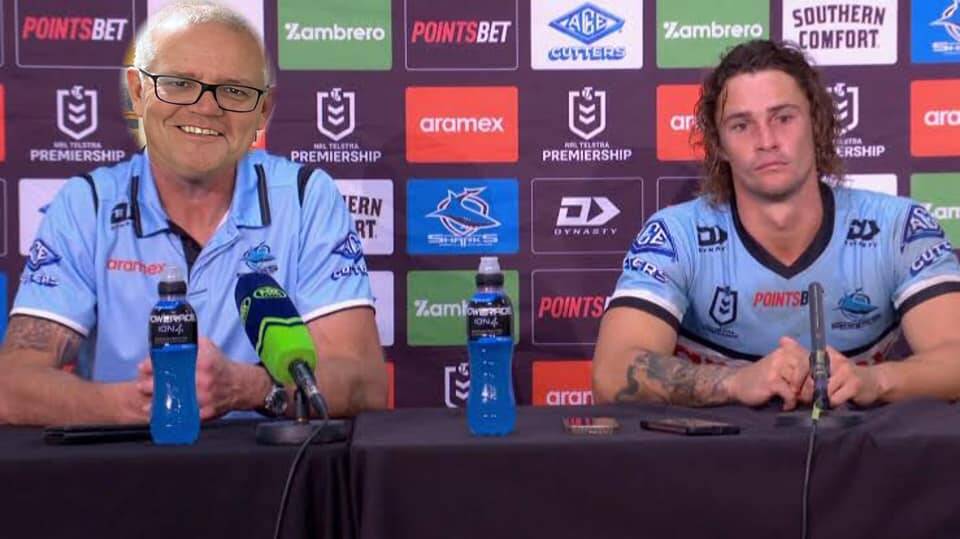 An altered photo posted by Scott Morrison shows his as coach of the Cronulla Sharks next to captain Nicho Hynes at a post-game media conference. Picture: Facebook