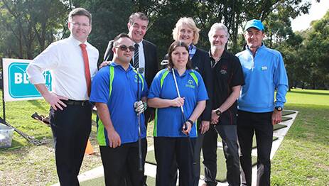 Program participants Michael Eadie and Sherie Eadie (front); Oatley MP Mark Coure (back left), Ray Williams, Golf NSW deputy chair Michele Adair, Rick van Brugge and coach, Stewart Hardiman. Picture: supplied