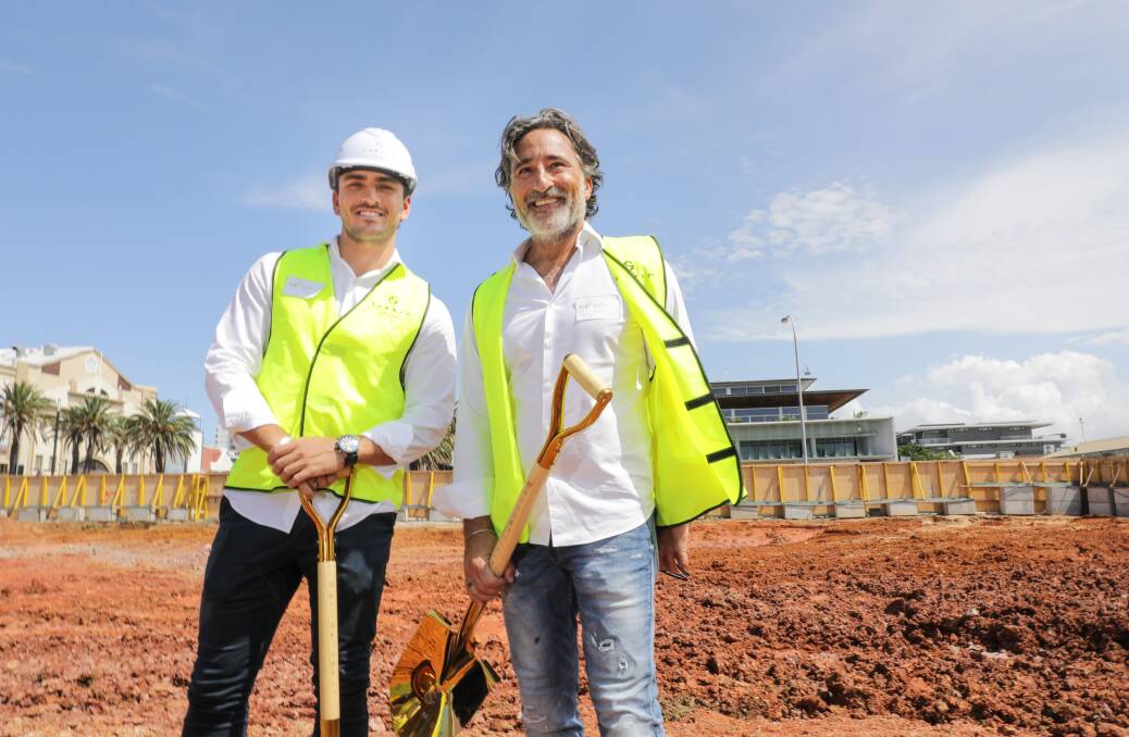 Father and son, Allen (right) and Julian Sammut at the ground-breaking ceremony for the Vue development at Cronulla. Picture by John Veage