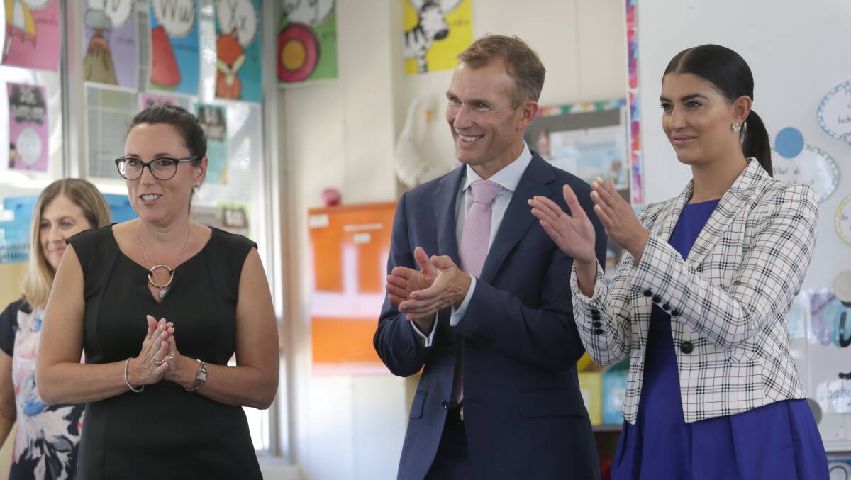 Education Minister Rob Stokes, with Miranda MP Eleni Petinos, announces a new multi-purpose hall for Jannali East Public School during this year's state election campaign.Picture: John Veage