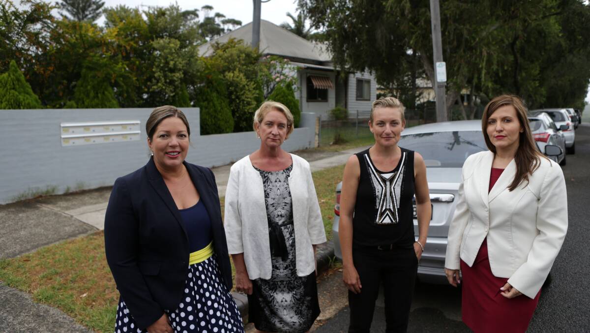 Tania Mihailuk (far right) with candidates Teressa Farhar (left), Maryanne Stuart and Jen Armstrong in front of the proposed development site in Merton Street, Sutherland. Picture: John Veage