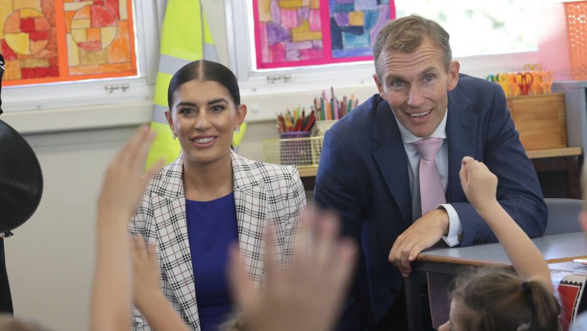 Then Education Minister Rob Stokes, with MP Eleni Petinos, promises the new hall at Jannali Public School during the 2019 election campaign. Picture: John Veage