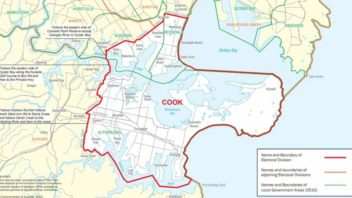 The Cook electorate stretches from Sutherland Shire across Georges River to St George. Picture: AEC
