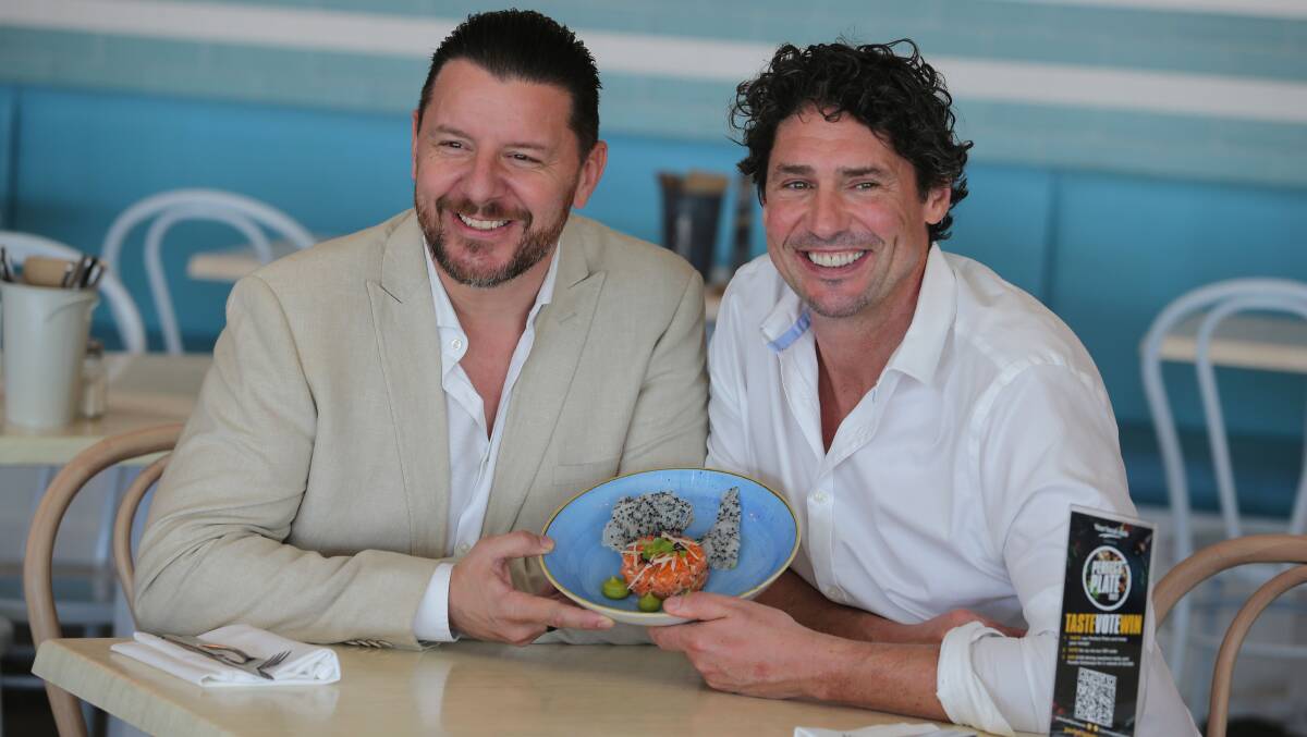 Celebrity chefs Manu Feildel (left) and Colin Fassnidge at Watergrill restaurant in Cronulla RSL Memorial Club. Picture: John Veage