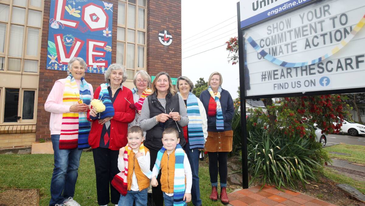 Climate concern: Judy Brownscombe (left), Judy Hanna, Loraine Holley, Karen Russell, Margaret Day (St John Bosco Parish) and Susan Foyle, with (front) Nate and Lachlan at the Engadine Uniting Church. Picture: Chris Lane