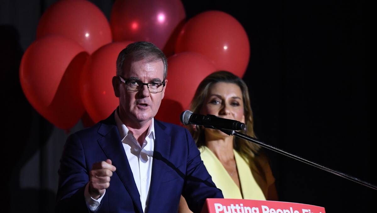 Michael Daley announces on election night his intention to continue to lead the Labor Party. Picture: AAP /Joel Carrett