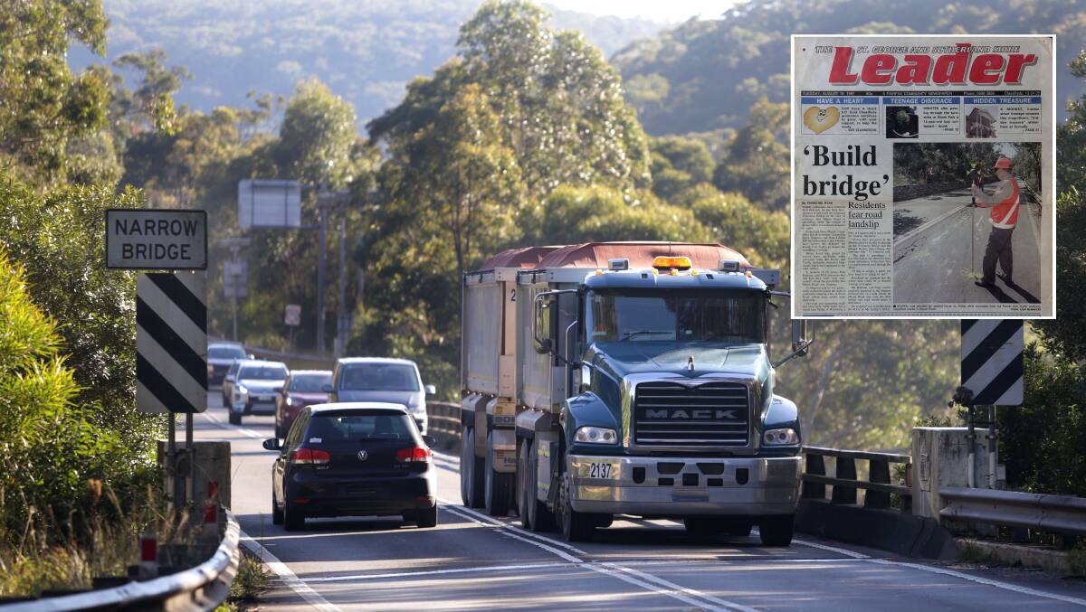 The Heathcote Road bridge at Engadine. Insert: 1997 Leader report on council's battle for a new bridge at Woronora. Pictures: John Veage 