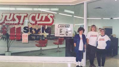 Leigh-Anne Brosens (left) and Lynette Grose (right) outside Just Cuts Engadine salon at original site in 1990. Picture: supplied