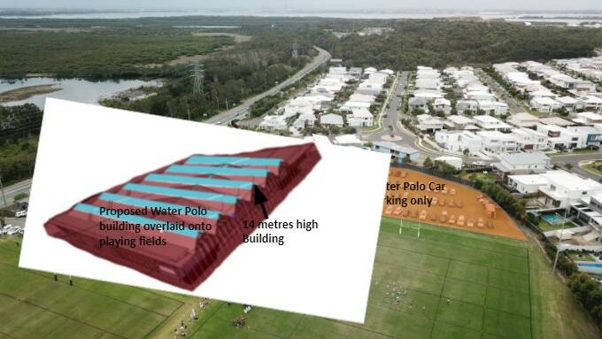 Proposed water polo building overlaid onto playing fields. Picture: supplied