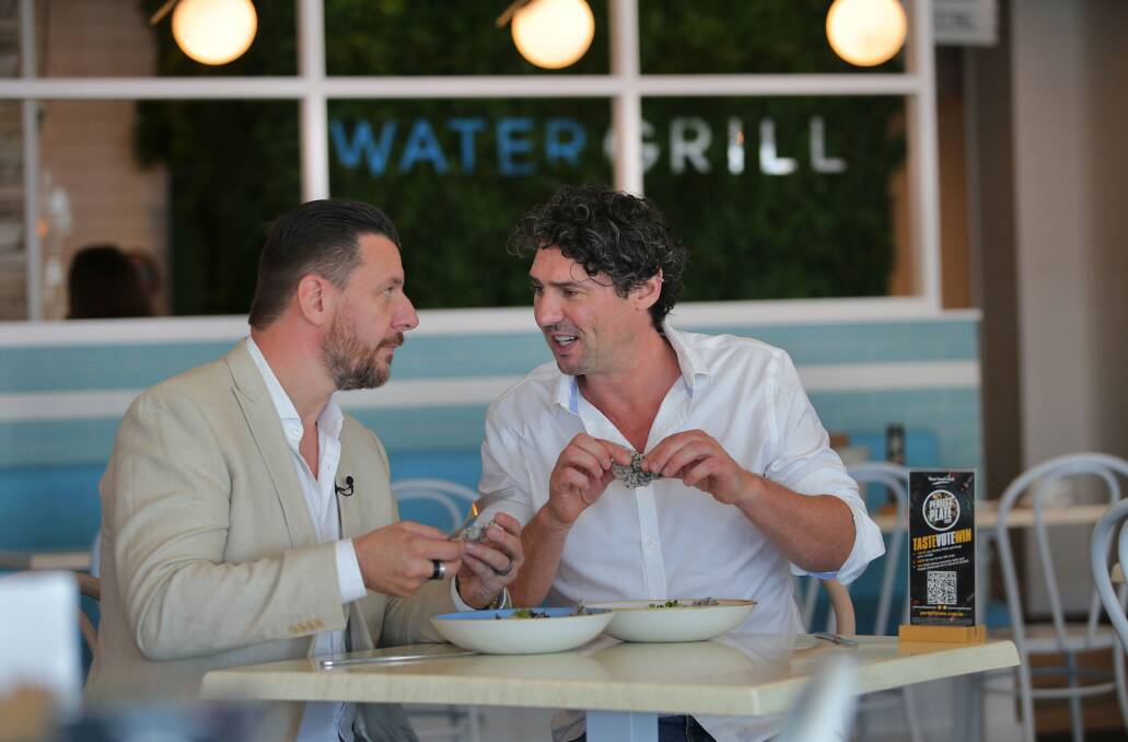 Perfect Plate ambassadors Manu Feidel and Colin Fassnidge at Watergrill Cronulla. Picture: John Veage
