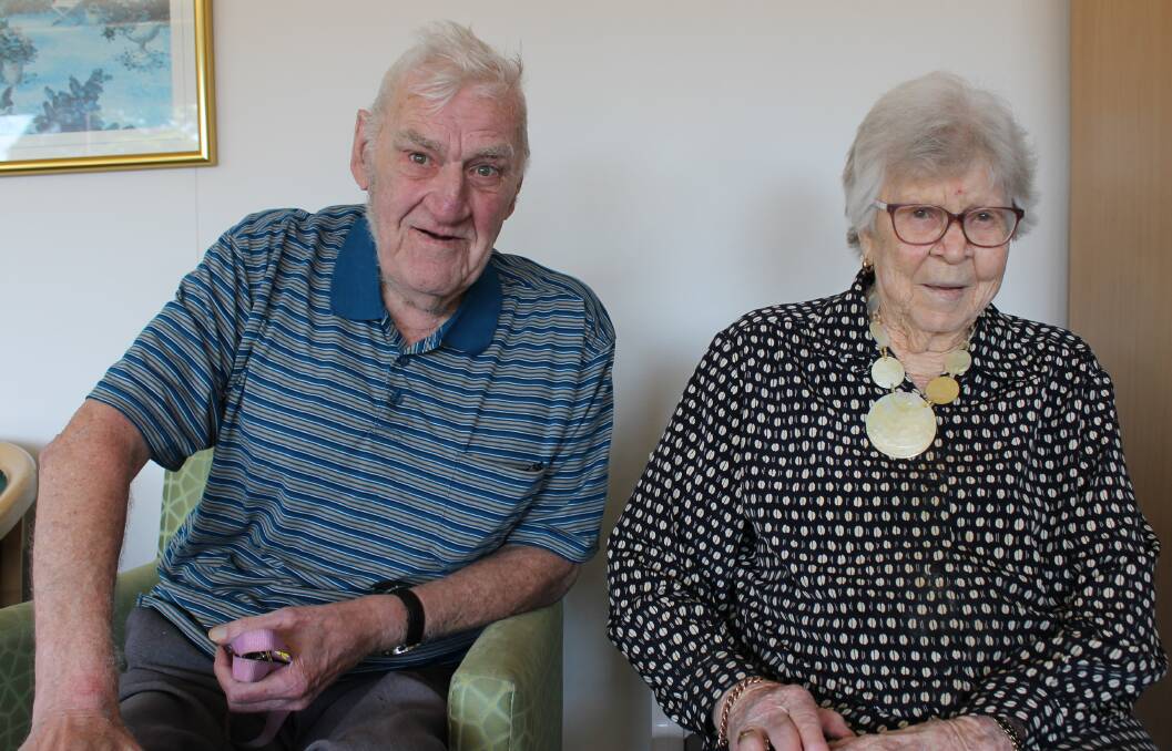 Edna and Carl Rowland, a fellow resident of Southern Cross Care Nagle Residential Aged Care, will lay wreaths during a service at the facility. Picture: supplied