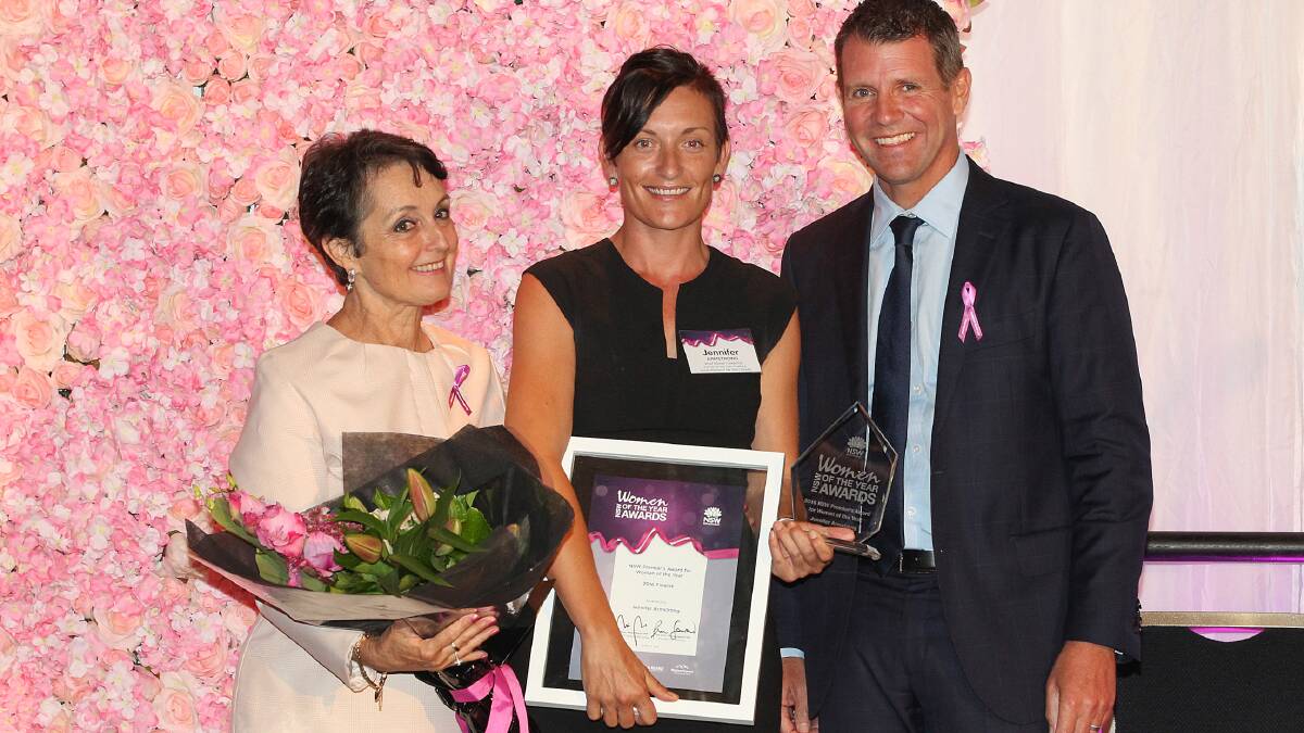 2016 NSW Woman of the Year Jennifer "Jen" Armstrong with Pru Goward and Premier Mike Baird. Picture: supplied