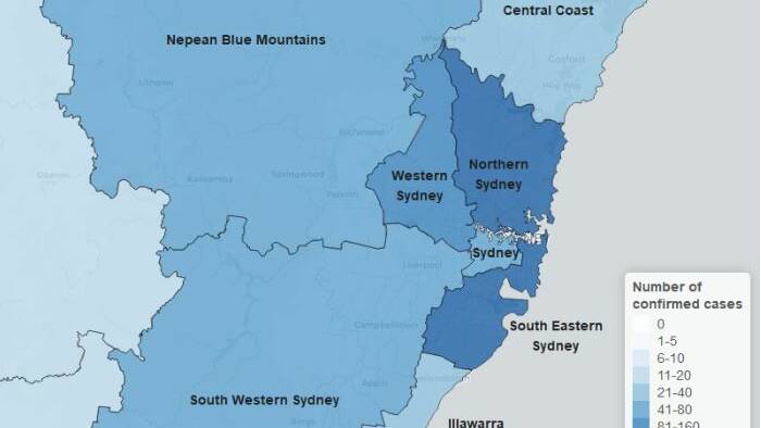 Confirmed cases of COVID-19 across Sydney as of 24 March 2020 at 8 pm, by Local Health District. Picture: NSW Health