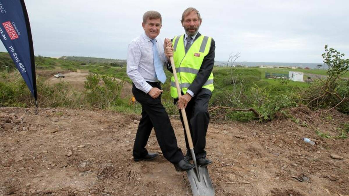 Turning point: Mayor Steve Simpson and executive chairman of Breen Holdings Tom Breen at a soil turning ceremony for Shearwater Estate in 2014. Picture: Chris Lane
