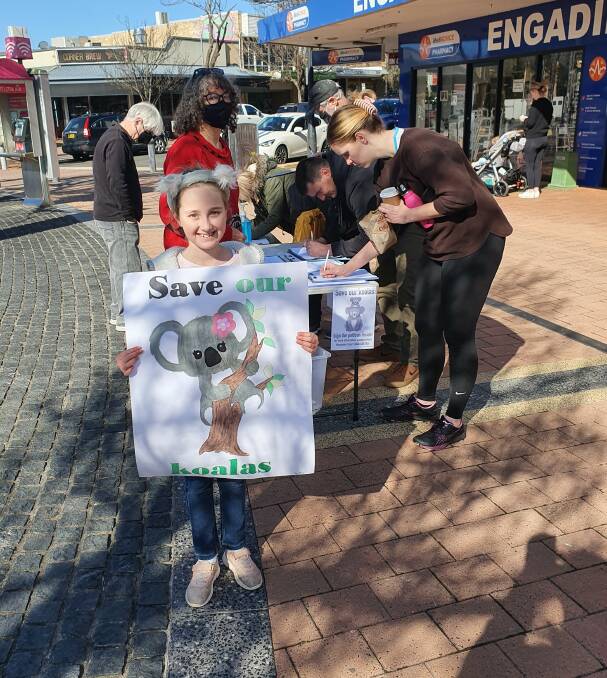 Abby Mitchell holds a poster supporting the Koala Wildlife Corridor at a street stall in Engadine. Picture supplied