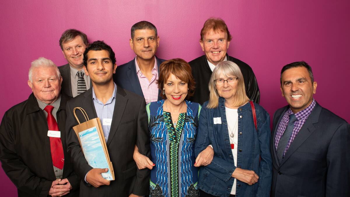 Bob Sharkey (left), of Tradies, Peter Moran, of Moran Aged Care, Alexander Tobal (1st Prize Short Story Category), Canio Fierravanti, of University of Wollongong, Kathy Lette, Dennis McHugh, of Tradies, Penny Lane (1st and 2nd Prize Free Verse Category) Cr Carmelo Pesce. Picture: supplied
