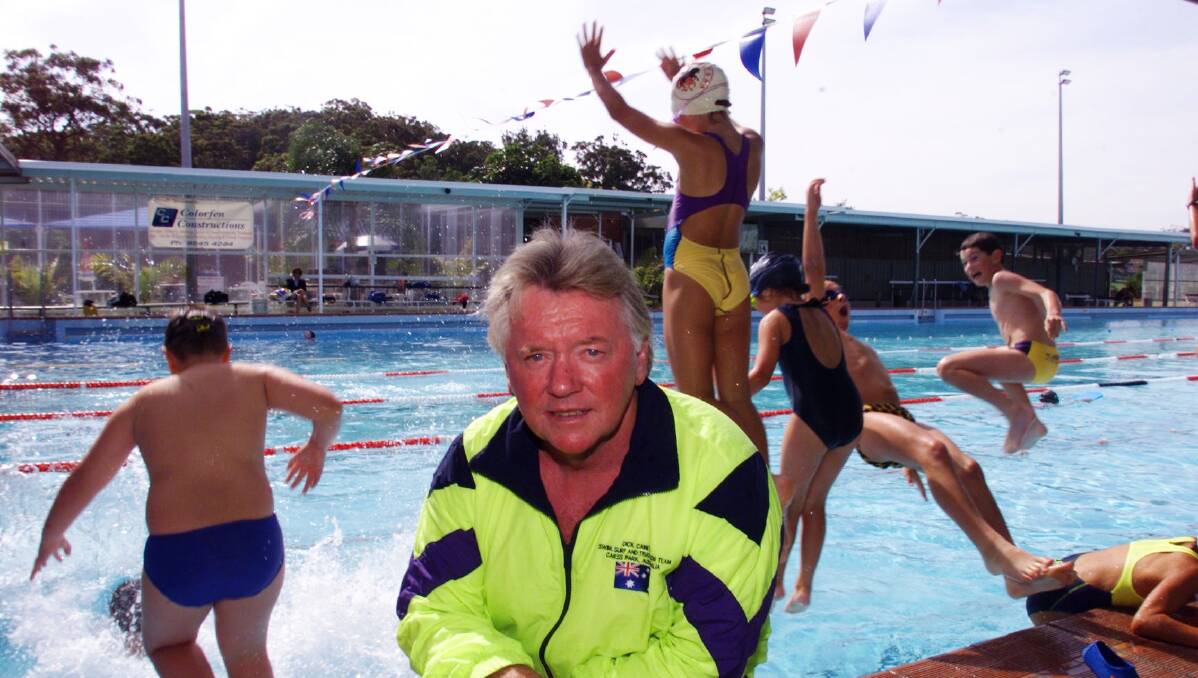 Most important legacy: Dick Caine in 1999 at Carss Park pool, where his main priority has been teaching people to swim. Picture: Barry Chapman 