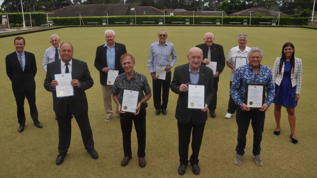 JPs acknowledged for 50 years' service at a function held at Sylvania Bowling Club: Front l to r: Barry Krywulycz, George Jones, Kenneth Lewis, Peter Rochaix. Back l to r: Mark Speakman MP, Robert Ellicott, Kenneth Arthur, Alan Moir, David Nary, Colin Shanahan, Eleni Petinos MP. 