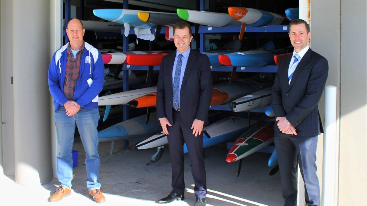 Mark Speakman with Elouera SLSC officials - executive director David Kowald and deputy executive director Cameron Simpson. Picture: supplied