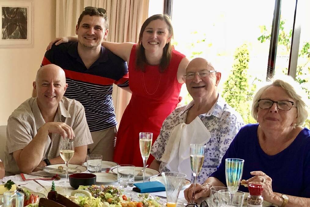 Dr Frank Chapman at a family gathering with David Chapman (left), Robert Malec, Jayne Chapman-Malec (granddaughter) and his wife Ann.