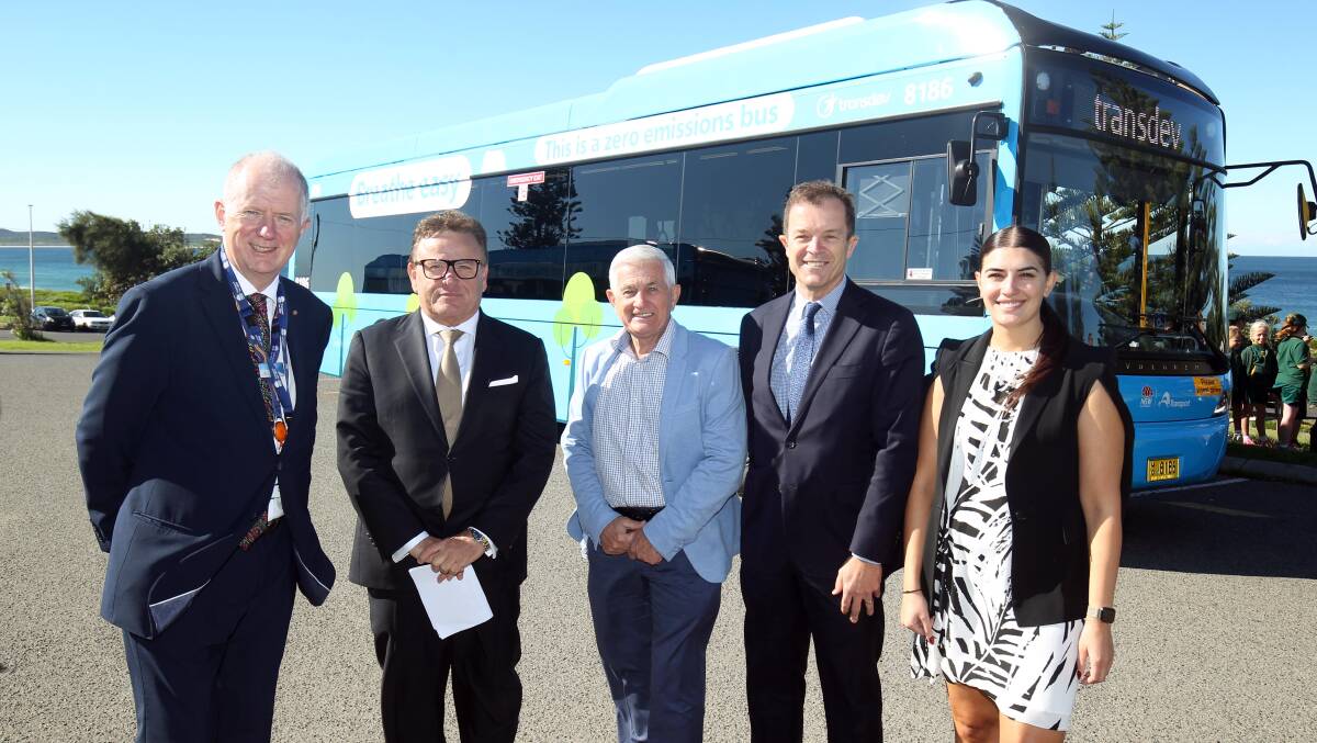 Government transport chief Howard Collins (left), Luke Agati, Cr Steve Simpson, Mark Speakman and Eleni Petinos at the launch of the electric bus at Wanda. Picture: Chris Lane